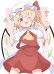  1girl :d ;d absurdres ascot back_bow blonde_hair bow collared_shirt commentary crystal crystal_wings fang flandre_scarlet frilled_shirt_collar frills hat hat_ribbon haya_s2 heart highres mob_cap multicolored_wings one_eye_closed one_side_up pointy_ears puffy_short_sleeves puffy_sleeves red_eyes red_skirt red_vest ribbon shirt short_sleeves skirt skirt_set smile solo sweatdrop touhou vest white_hat white_shirt wings yellow_ascot 