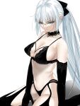  1girl absurdres bare_shoulders black_bow black_bra black_gloves black_panties black_thighhighs blue_eyes blue_notuki bow bra braid breasts choker cleavage commentary_request elbow_gloves fate/grand_order fate_(series) garter_straps gloves grey_hair hair_bow highres large_breasts long_hair looking_at_viewer morgan_le_fay_(fate) navel panties ponytail sidelocks solo thighhighs underwear very_long_hair 