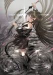  1girl absurdres aquact black-framed_eyewear black_eyes black_hair black_serafuku black_shirt black_skirt black_socks breasts brown_hair brown_skirt cherry_blossoms collarbone cross-laced_clothes cross-laced_sleeves cutting_hair cutting_own_hair falling_petals fate/grand_order fate_(series) floating_hair from_above full_body glasses glint grey_eyes highres holding holding_sheath holding_sword holding_weapon katana kneehighs kurohime_(fate) kurohime_(second_ascension)_(fate) long_hair long_sleeves looking_at_viewer mole neckerchief petals pleated_skirt rectangular_eyewear sailor_collar scabbard school_uniform semi-rimless_eyewear serafuku severed_hair sheath shirt shoes skirt smile socks solo standing sword very_long_hair weapon white_neckerchief white_sailor_collar 