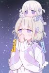  1girl bancho_(todoroki_hajime) blonde_hair chibi chibi_on_head comet commentary_request highres hololive hololive_dev_is itochicken2 jacket on_head own_hands_together purple_eyes purple_hair short_hair star_(symbol) tanzaku todoroki_hajime todoroki_hajime_(1st_costume) two_side_up virtual_youtuber white_jacket 