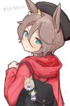  1girl animal_ears bag beret biwa_hayahide_(umamusume) black_hat blue_eyes blush bnw_(umamusume) bouhuman brown_hair character_doll charm_(object) closed_mouth doll from_behind hair_between_eyes hat highres hood hood_down hoodie horse_ears horse_girl jacket long_sleeves looking_at_viewer looking_back narita_taishin_(umamusume) red_hoodie red_jacket school_bag school_uniform short_hair simple_background solo sweatdrop tracen_school_uniform umamusume upper_body white_background winning_ticket_(umamusume) 