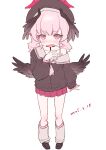  1girl absurdres beret black_cardigan black_choker black_hat black_wings blue_archive blush cardigan choker collarbone commentary_request dated feathered_wings halo hat head_wings highres koharu_(blue_archive) looking_at_viewer loose_socks low_wings medium_hair off_shoulder open_mouth pink_eyes pink_hair pleated_skirt red_halo red_skirt sailor_collar school_uniform serafuku shirt simple_background single_bare_shoulder skirt socks solo white_background white_sailor_collar wings yu717_0 