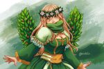  1girl alternate_color arch_bishop_(ragnarok_online) blonde_hair breasts cleavage cleavage_cutout clothing_cutout commentary cowboy_shot cross dress english_commentary flower green_background green_dress green_eyes green_scarf hair_flower hair_ornament head_wreath highres large_breasts long_hair long_sleeves looking_at_viewer ragnarok_online sash scarf soehlu solo yellow_sash 