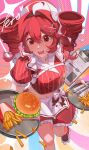  ! apron bow burger buttons clipboard commentary crumbs drill_hair employee_uniform english_commentary fang fast_food food fork french_fries frilled_apron frills hair_between_eyes hat highres holding holding_tray iamchamah kasane_teto knife lettuce menu midriff open_mouth red_bow roller_skates short_sleeves skates sparkle tray twin_drills utau waist_apron waitress white_bow 