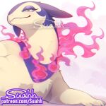  1girl :3 animal_ears arm_support artist_name body_fur chromatic_aberration closed_mouth commentary cropped english_commentary eyelashes fang fang_out fire furry furry_female half-closed_eyes happy hisuian_typhlosion looking_at_viewer lying mixed-language_commentary on_side patreon_username pink_fire pokemon pokemon_(creature) purple_fur red_eyes signature smile solo suahh two-tone_fur upper_body watermark web_address white_background yellow_fur 
