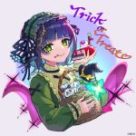  1girl basket black_ribbon blue_hair cake chocolate chocolate_on_face dress eyelashes fairy food food_on_face frills green_dress green_eyes grey_background hat headdress holding holding_basket holding_cake holding_food looking_at_viewer monster_strike ribbon salem_(monster_strike) short_hair solo tehepero upper_body witch_hat 