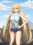  1girl absurdres archetype_earth arcueid_brunestud bare_shoulders blonde_hair blue_notuki blue_shorts blue_sky breasts commentary_request denim denim_shorts grin highres large_breasts long_hair looking_at_viewer red_eyes short_shorts shorts sky sleeveless sleeveless_turtleneck smile solo sweater thighs tsukihime tsukihime_(remake) turtleneck very_long_hair white_sweater 