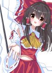  1girl absurdres ascot bow brown_eyes brown_hair chinese_commentary commentary_request detached_sleeves frilled_bow frilled_hair_tubes frills gohei hair_bow hair_tubes hakurei_reimu hato_tototo highres long_hair looking_at_viewer midriff_peek navel open_mouth red_bow red_skirt ribbon-trimmed_sleeves ribbon_trim simple_background skirt skirt_set smile solo touhou white_background yellow_ascot 