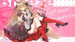  1girl :q ;q absurdres animal_ears arknights black_bow black_dress black_shoes bow breeze_(arknights) breeze_(half-sweet_strawberry)_(arknights) brown_eyes brown_hair commentary_request commission costume_name dress food food-themed_hair_ornament fox_ears fox_girl full_body fumi_(rdbm) hair_bow hair_ornament high_heels highres holding holding_tray invisible_chair long_hair looking_at_viewer official_alternate_costume one_eye_closed parfait pink_background pixiv_commission red_socks shoes simple_background sitting socks solo strawberry_hair_ornament thighs tongue tongue_out tray very_long_hair 