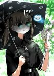  !? 1girl belt black_belt black_ribbon black_shirt brown_hair cat_symbol closed_mouth collared_shirt commentary day electrical_malfunction english_commentary foliage ghost giba_ryan hair_ribbon hand_fan high-waist_belt highres holding holding_fan holding_umbrella hot medium_hair original outdoors parasol print_umbrella razor_blade_necklace ribbon round_eyewear shirt skull_print smoke solo sparks sunglasses sweat twintails umbrella upper_body 