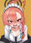  absurdres ahoge black_halo blue_archive blue_ribbon blush braid center_frills collarbone flat_chest frills halo highres huge_ahoge jacket kure_(otakami999) long_sleeves looking_at_viewer mole mole_under_eye neck_ribbon neru_(blue_archive) off_shoulder open_clothes open_jacket open_mouth orange_background orange_hair red_eyes ribbon shirt short_hair simple_background single_braid sweat untied_ribbon upper_body white_shirt 