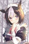  1girl absurdres animal_ears bare_tree black_dress blush bow bowtie brown_hair closed_mouth commentary_request dress enmaided hand_on_own_chin highres horse_ears horse_girl layered_sleeves long_sleeves maid maid_headdress multicolored_hair purple_eyes red_bow red_bowtie short_hair short_over_long_sleeves short_sleeves solo special_week_(umamusume) stroking_own_chin tree two-tone_hair umamusume upper_body uu-tan_(hushigi10) white_hair wrist_cuffs 