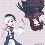  2girls armband artist_name belt beret black_capelet black_choker black_coat black_hair black_hat black_shirt black_skirt capelet center_frills checkered_background choker closed_mouth coat collared_coat collared_shirt commentary_request crown dated flower flower-trimmed_sleeves frills gloves gradient_hair hair_flower hair_ornament hat hat_flower hat_ribbon highres layered_skirt long_hair long_skirt long_sleeves luosa2026 mahou_shoujo_no_majo_saiban mini_crown multicolored_hair multiple_girls neck_ribbon necktie nikaido_hiro overskirt pen_nib pink_eyes pink_hair plaid_clothes plaid_necktie pleated_skirt red_armband red_eyes red_flower red_necktie red_skirt ribbon rotational_symmetry sakuraba_ema shirt short_hair side_capelet signature skirt sleeveless sleeveless_coat watermark watermark_grid white_flower white_gloves white_hair white_ribbon white_shirt white_sleeves x_hair_ornament 