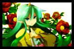  1girl artist_request black_border border camellia closed_mouth cone_horns flower green_eyes green_hair green_kimono hair_between_eyes haori holding holding_sword holding_weapon horns japanese_clothes katana kimono leaf long_sidelocks momotarou_densetsu oekaki pointy_ears red_flower second-party_source sidelocks single_horn solo sword upper_body weapon yashahime_(momotarou_densetsu) yellow_haori 
