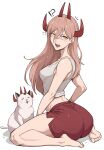  !? 1girl absurdres ass bare_legs barefoot breasts cat chainsaw_man demon_girl demon_horns dolphin_shorts fangs feet highres horns long_hair meowy_(chainsaw_man) open_mouth pink_hair power_(chainsaw_man) red_horns red_shorts short_shorts shorts sitting tank_top toes wariza wott yellow_eyes 