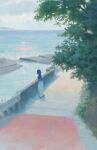  1girl blue_hair blue_shirt cloud cloudy_sky commentary day fjsmu hand_rest highres ocean original outdoors railing road scenery shirt short_hair skirt sky sleeveless sleeveless_shirt solo standing stone_wall tree white_skirt wide_shot 