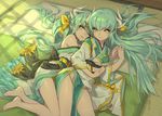  bare_legs barefoot bow breasts commentary_request dragon_girl dragon_horns dual_persona fate/grand_order fate_(series) futon green_hair hair_bow horns hug hug_from_behind japanese_clothes kimono kiyohime_(fate/grand_order) kiyohime_(swimsuit_lancer)_(fate) long_hair looking_at_viewer lying medium_breasts multiple_girls multiple_horns no_panties on_side one_eye_closed pelvic_curtain pota_(bluegutty) smile spooning tatami yellow_eyes 