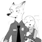  2017 4_fingers anthro arm_grab badge black_and_white bulletproof_vest canine clothed clothing disney dithering duo eyes_closed female fox front_view fur hi_res judy_hopps lagomorph long_ears looking_aside male mammal monochrome necktie nick_wilde open_mouth police_uniform rabbit raizinndx shirt simple_background sleeping sound_effects sweat uniform white_background zootopia zzz 