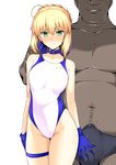  1girl ahoge artoria_pendragon_(all) blonde_hair blue_gloves blush collar collarbone commentary_request crotch_grab dark_skin dark_skinned_male erection erection_under_clothes eyebrows_visible_through_hair fat fat_man fate/stay_night fate_(series) gloves green_eyes hair_between_eyes harukon_(halcon) highres leash nose_blush one-piece_swimsuit saber simple_background smile standing swimsuit white_background white_swimsuit 