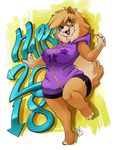  2018 anthro big_breasts blue_eyes bouncing_breasts breasts canine claws clothed clothing dog english_text female mammal on_one_leg open_mouth open_smile pomeranian short_stack smile solo standing text zwitterkitsune 