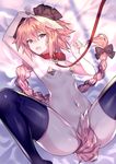  arm_up armpits astolfo_(fate) bangs bdsm bed_sheet black_bow black_legwear blush bondage bound bow braid breasts collar collarbone covering covering_crotch fang fate/grand_order fate_(series) feet_out_of_frame genderswap genderswap_(mtf) hair_between_eyes hair_bow hair_intakes head_tilt kemonomimi_mode leash legs_up long_hair looking_at_viewer lying multicolored_hair navel on_back pasties pink_hair purple_eyes single_braid small_breasts solo spread_legs stomach streaked_hair tail thighhighs touwa_nikuman very_long_hair white_hair 
