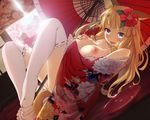  alcohol animal_ears architecture bangs blonde_hair blue_eyes blunt_bangs breasts cherry_blossoms cup dutch_angle east_asian_architecture floral_print flower hair_flower hair_ornament hair_ribbon hibiscus highres japanese_clothes kimono large_breasts long_hair looking_at_viewer lying nipples oriental_umbrella original papino red_flower ribbon sakazuki sake self_fondle sidelocks solo tabi tail thighhighs tongue umbrella white_legwear 