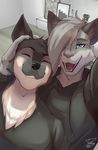  2017 anthro black_nose blue_eyes bust_portrait canine cheek_tuft chest_tuft claws clothed clothing countershade_face countershade_torso countershading dksk30 duo eyebrows eyelashes eyes_closed fangs feline front_view fully_clothed fur grey_fur grey_hair grey_theme grey_topwear grin hair hair_over_eye hand_on_head head_tuft hoodie hybrid inner_ear_fluff inside jaycoyote leopard looking_at_viewer lynx lyx_(lynxer) male mammal multicolored_fur open_mouth open_smile pink_nose pink_tongue portrait shelf shirt short_hair signature smile snow_leopard spots spotted_fur t-shirt tongue tuft two_tone_fur white_countershading white_fur 