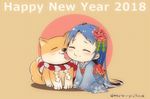  2018 all_fours blue_hair blue_kimono brown_background chibi chinese_zodiac closed_eyes dog flower gradient_hair hair_flower hair_ornament japanese_clothes kantai_collection kimono licking long_hair mae_(maesanpicture) multicolored_hair new_year samidare_(kantai_collection) smile twitter_username year_of_the_dog 