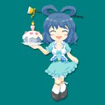  :d ^_^ aqua_background bangs bare_arms belt black_belt black_footwear blue_dress blue_hair blush_stickers breasts cake candle closed_eyes collarbone dress drill_hair fire flower food full_body hair_ornament hair_rings hair_stick holding holding_plate icing itatatata kaku_seiga legs_together lifted_by_self medium_breasts ofuda open_clothes open_mouth open_vest pixel_art plate puffy_short_sleeves puffy_sleeves ringlets shoes short_hair short_sleeves silhouette simple_background skirt_hold smile socks solo standing taut_clothes taut_dress tongue touhou vest white_legwear white_vest 