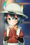  backpack bag black_eyes black_hair breath commentary_request hat hat_feather helmet highres kaban_(kemono_friends) kemono_friends looking_at_viewer mittens open_mouth pith_helmet puffy_short_sleeves puffy_sleeves red_shirt scarf serval_print shirt short_hair short_sleeves signature smile solo upper_body welt_(kinsei_koutenkyoku) 
