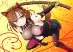  animal_ears artist_name bare_shoulders black_gloves black_legwear black_skirt bodysuit breasts brown_eyes brown_hair cleavage collarbone dog_ears dog_tail elbow_gloves fake_animal_ears gloves highres holding holding_sword holding_weapon katana large_breasts long_hair looking_at_viewer mole mole_under_eye new_year original pleated_skirt sheath sheathed skirt solo sword tail thighhighs tokihama_jirou twitter_username weapon 