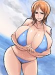  1girl :p beach bikini blush breasts brown_eyes cleavage erect_nipples highres huge_breasts nami_(one_piece) ogura_anko one_piece orange_hair short_hair smile solo swimsuit tattoo tongue tongue_out 