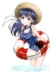  2018 akito_(pixiv3623507) black_hair blue_swimsuit breasts cleavage dated hat innertube kantai_collection large_breasts long_hair looking_at_viewer one-piece_swimsuit polka_dot polka_dot_swimsuit straw_hat swimsuit ushio_(kantai_collection) water 