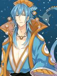  air_bubble asame21 blue_background blue_hair bubble earrings gen_3_pokemon grey_eyes hair_ornament huntail jewelry long_hair looking_at_viewer male_focus necklace personification pokemon solo standing tail upper_body 