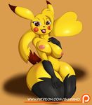  2017 anthro areola armwear breasts cleft_tail clothing female hi_res legwear looking_at_viewer navel nintendo nipples open_mouth patreon pikachu pok&eacute;mon pok&eacute;mon_(species) simple_background solo suirano video_games wide_hips 
