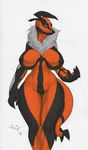  2016 anthro big_breasts black_areola blue_eyes breasts claws edit female fur hi_res horn jindragowolf legendary_pok&eacute;mon looking_at_viewer neck_tuft nintendo nipples nude pok&eacute;mon pok&eacute;mon_(species) solo standing thick_thighs tuft video_games wide_hips yveltal 