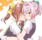  2girls animal_ears black_vest blush bow brown_hair chinese_zodiac closed_eyes closed_mouth collar collared_shirt commentary_request dog_collar dog_ears dog_girl dog_tail face_licking gloves green_ribbon hair_bow hair_ornament hand_on_another's_hip happy_new_year heart highres hug kagerou_(kantai_collection) kantai_collection kemonomimi_mode licking long_hair multiple_girls new_year pink_hair ponytail red_collar ribbon school_uniform shiranui_(kantai_collection) shirt short_sleeves sidelocks smile tail tail_wagging takeshima_(nia) tongue twintails vest white_gloves white_shirt year_of_the_dog yellow_bow yuri 