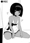 :d bangs bare_arms bare_shoulders barefoot blunt_bangs blush bob_cut breasts dark_skin dress full_body greyscale headband heart holding looking_at_viewer monochrome open_mouth original panties recording short_hair sitting sleeveless sleeveless_dress small_breasts smile solo sweat toy_box-r underwear wariza 