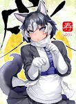  animal_ears belt black_hair chinese_zodiac commentary_request dated dog_ears dog_tail gloves happa_(cloverppd) harness kemono_friends looking_at_viewer multicolored_hair paw_print purple_eyes short_hair siberian_husky_(kemono_friends) solo tail white_gloves white_hair year_of_the_dog 