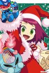  1girl arm_up blush capcom character_doll christmas fur_trim green_eyes happy harp_(ryuusei_no_rockman) hat heart hibiki_misora holding holding_sack kataiwa_yuri looking_at_viewer official_art open_mouth phone_wallpaper pom_pom_(clothes) purple_hair red_hat rockman ryuusei_no_rockman sack santa_costume santa_hat short_hair smile 