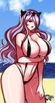  1girl beach bikini breasts camilla_(fire_emblem_if) cleavage exhibitionism fire_emblem fire_emblem_if huge_breasts jadenkaiba light-skinned long_hair looking_at_viewer midriff navel nintendo open_mouth purple_eyes purple_hair sea sideboob sling_bikini smile solo swimsuit tagme 