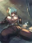  blue_hair blush breast_sucking breasts breasts_apart cutesexyrobutts fingerless_gloves flower freckles gloves green_eyes hair_flower hair_ornament highres lactation large_breasts long_hair looking_down lying nipples no_bra open_clothes open_shirt original self_breast_sucking shirt solo sunlight thighs 
