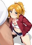  1girl bangs bare_legs belt belt_buckle blonde_hair blush bottomless braid breasts brown_belt brown_footwear buckle censored condom condom_necklace cutoffs denim denim_shorts eyebrows_visible_through_hair fate/apocrypha fate_(series) fellatio hair_ornament hair_scrunchie hands_in_pockets hetero jacket long_sleeves looking_at_viewer male_pubic_hair midriff mordred_(fate) mordred_(fate)_(all) mosaic_censoring navel open_clothes open_jacket oral parted_bangs penis ponytail pubic_hair red_jacket red_scrunchie scrunchie shirt shoes short_shorts shorts simple_background small_breasts squatting stray_pubic_hair used_condom wakamesan white_background white_shirt 