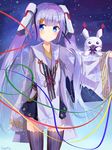  artist_name black_legwear black_skirt blue_eyes blue_ribbon blush bunny closed_mouth commentary hair_ornament hair_ribbon hatsune_miku highres japanese_clothes kimono long_hair long_sleeves pleated_skirt print_kimono purple_hair purple_kimono ribbon seero skirt smile snowflake_print snowing striped striped_legwear thighhighs twintails vertical-striped_legwear vertical_stripes very_long_hair vocaloid wide_sleeves yuki_miku yukine_(vocaloid) 