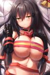  1girl bangs bell black_hair blush bound breasts cleavage closed_mouth covered_nipples dandelion_(girls&#039;_frontline) eyebrows_visible_through_hair girls&#039;_frontline hair_ornament hairclip highres large_breasts long_hair looking_at_viewer lying mechanical_arms naked_shirt navel on_back on_bed pillow ribbon ribbon_bondage shirt solo sweat upper_body xlscaler yellow_eyes 