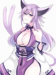  animal_ears asame21 blue_eyes breasts cleavage espeon gen_2_pokemon highres japanese_clothes large_breasts long_hair personification pokemon purple_eyes smile solo standing tail 
