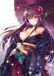 alternate_costume bangs bare_shoulders bell blue_bow blush bow braid breasts cenangam cleavage closed_mouth collarbone eyebrows_visible_through_hair fate/grand_order fate_(series) floral_print glowing gradient gradient_background grey_background holding holding_umbrella japanese_clothes jingle_bell kimono large_breasts long_hair long_sleeves looking_at_viewer md5_mismatch obi off_shoulder oriental_umbrella petals print_kimono purple_hair purple_kimono red_eyes sash scathach_(fate)_(all) scathach_(fate/grand_order) shiny shiny_hair side_braid smile solo sparkle straight_hair umbrella upper_body very_long_hair wide_sleeves 