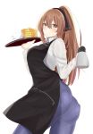  1girl alternate_costume apron artist_request ass blush breasts brown_hair carrying coffee denim food from_below girls_frontline green_eyes jeans kuroonehalf large_breasts long_hair looking_at_viewer looking_down m1903_springfield_(girls_frontline) pancakes pants pantylines ponytail shiny shiny_hair shirt smile solo very_long_hair 