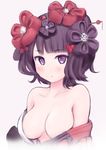  bare_shoulders black_hair blue_eyes blush breasts collarbone fate/grand_order fate_(series) flower hair_flower hair_ornament highres japanese_clothes karin260rs katsushika_hokusai_(fate/grand_order) kimono medium_breasts off_shoulder short_hair simple_background solo 