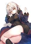  ahoge alternate_costume ass bangs black_panties breasts commentary_request fal_maro fate/grand_order fate_(series) highres jacket jeanne_d'arc_(alter)_(fate) jeanne_d'arc_(fate)_(all) looking_at_viewer lying medium_breasts panties pantyshot short_hair silver_hair simple_background solo thighhighs underwear white_background wicked_dragon_witch_ver._shinjuku_1999 yellow_eyes 